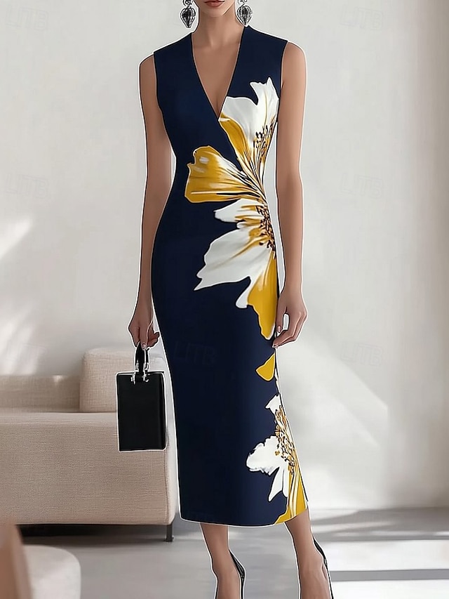  Per donna Abito Midi Abito Floreale Abito Stampato Elegante Moda All'aperto Vacanza Ferie Vestibilità regolare Fiore Senza Maniche Scollo a V Blu marino Estate