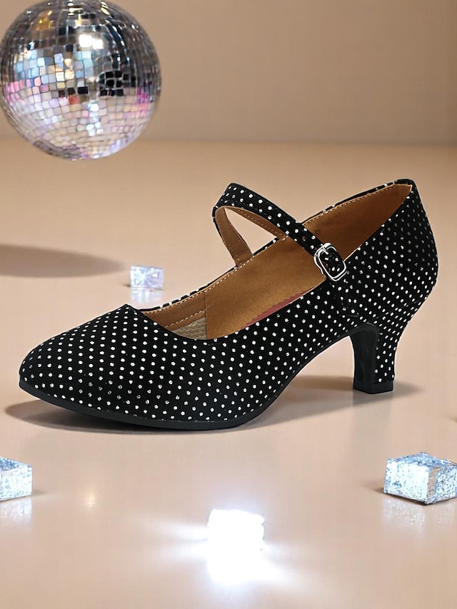  Pantofi de dans negri cu buline pentru femei, cu toc jos și bareta la gleznă - pantofi de dans profesionali pentru dansatori latino și swing