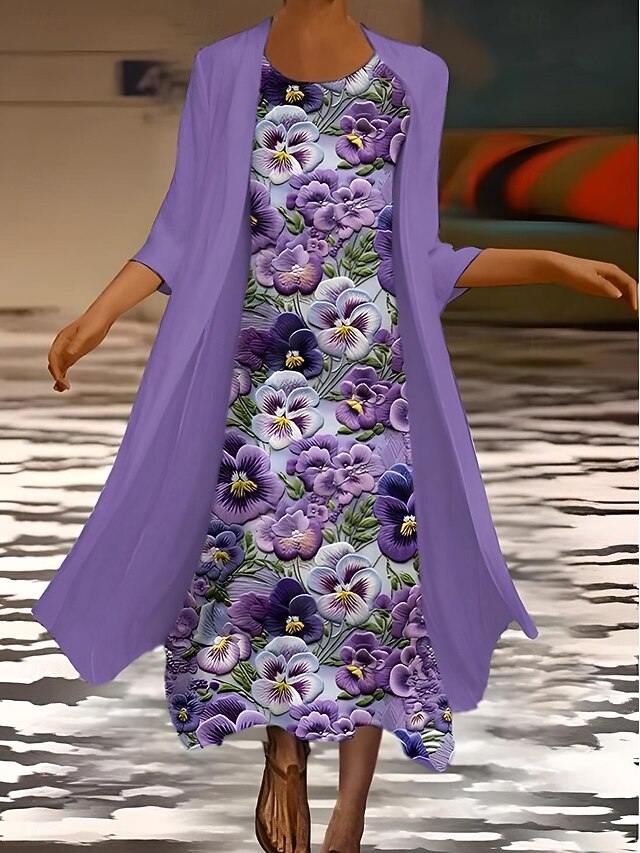 Women's Dress Set Summer Dress Vacation Casual Ombre Floral Print Maxi Dress 3/4 Length Sleeve Crew Neck Wedding Guest Birthday White Light Purple Purple Summer Spring Regular Fit4
