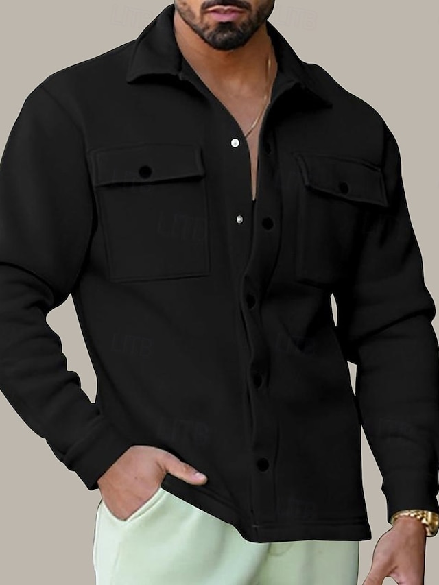  Men's Shirt Jacket Transition Jacket Daily Lightweight Pocket Spring Plain Streetwear Lapel Regular Black Light Grey Dark Gray Jacket