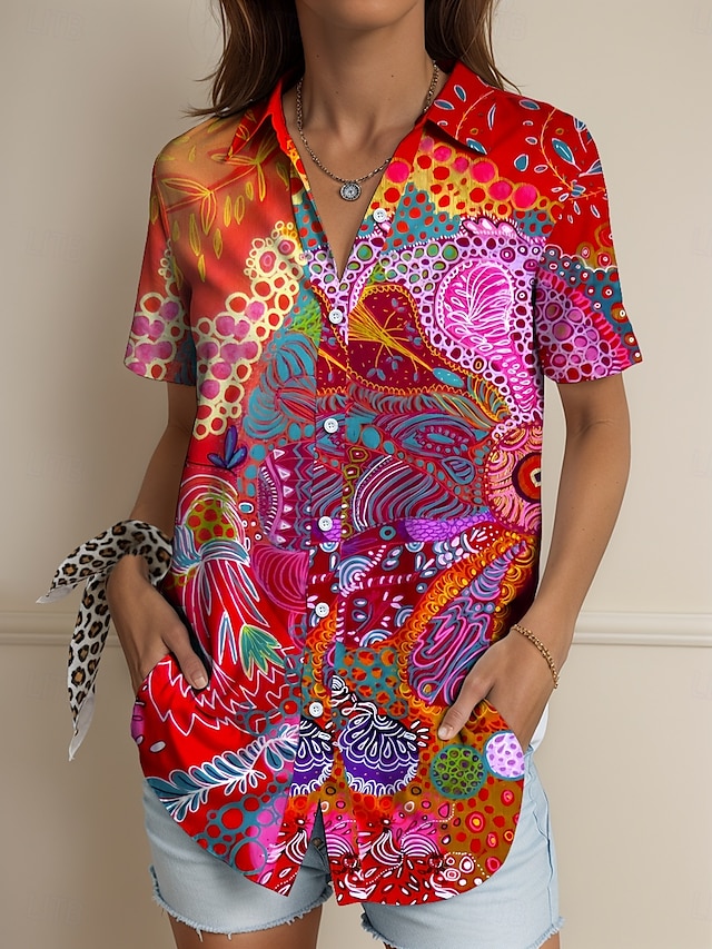  Femmes Chemise Graphique Géométrique Abstrait ancien Tropical Quotidien Manche Courte Col de chemise Hauts Réguliers Quotidien Rouge Bleu Violet Vert Été Printemps