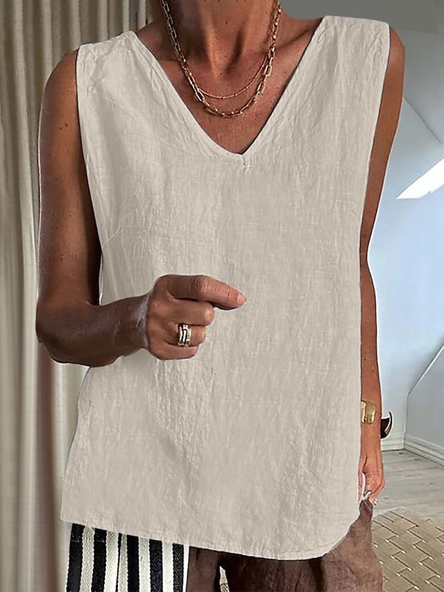  Dames Overhemd Linnen-geïnspireerde sets Blouse Effen Modern Casual Mouwloos V-hals Normale tops Dagelijks Feestdagen Zwart Blozend Roze Leger Groen Beige Grijs Zomer