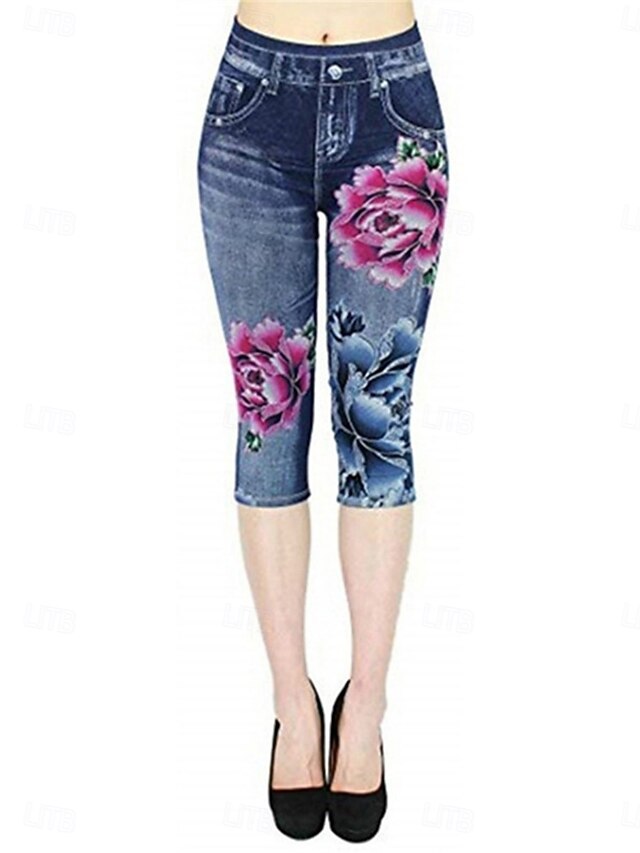 Women's Leggings Capri Pants 3D Print Chinos Leggings Vacation Vintage Casual Calf-Length High Waist Floral Printing Comfy Soft Comfortable Stretchy Outdoor Vacation Street Blue Summer Slim Fit4