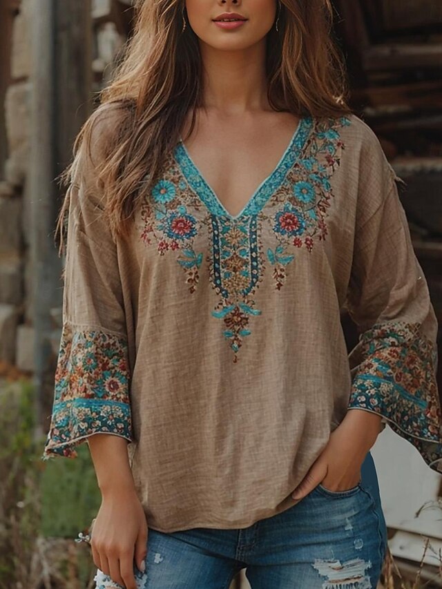 Women's Blouse Floral Graphic Paisley Bohemia Vintage Tropical 3/4 Length Sleeve V Neck Regular Tops Ruched Print Khaki Summer Spring3