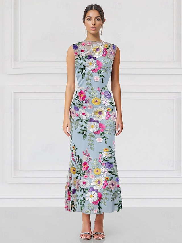 Blue Mermaid / Trumpet Cocktail Floral Dresses Elegant Formal Wedding Guest Ankle Length Sleeveless High Neck with Embroidery