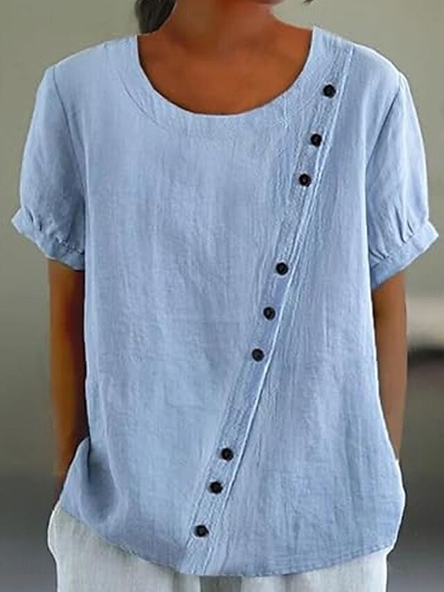 Women's Blouse Solid Color Elegant Casual Short Sleeve Crew Neck Regular Tops Daily Holiday Buttons Yellow Pink Blue Summer4