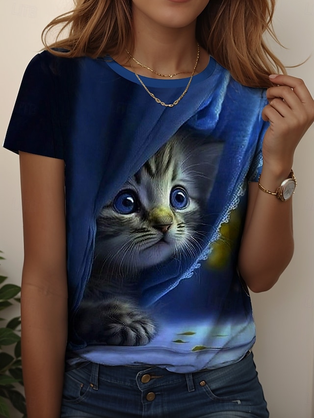  Women's T Shirt Graphic Animal Cat Vintage Stylish Classic Short Sleeve Crew Neck Regular Tops Daily Weekend Print Blue Purple Green Summer Spring