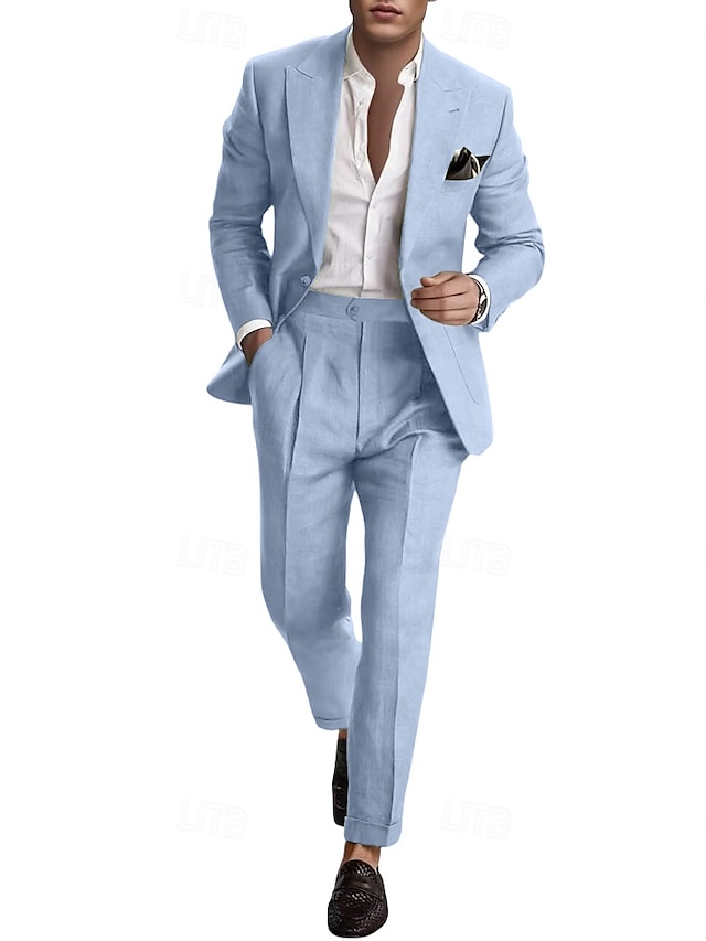  Pour des hommes Mariage Affaires Costumes en lin Revers en Pointe Rose Claire Bleu Ciel Mode Occasionnel Couleur Unie Coupe Standard 2 pièces Simple boutonnage un bouton