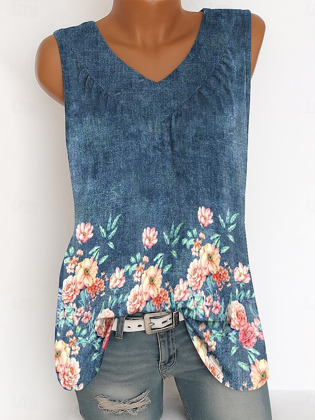  Femmes Débardeur caraco Fleuri Graphique ancien Tropical Élégant Sans manches Col en V Hauts Longs Quotidien Imprimé Bleu Été Printemps