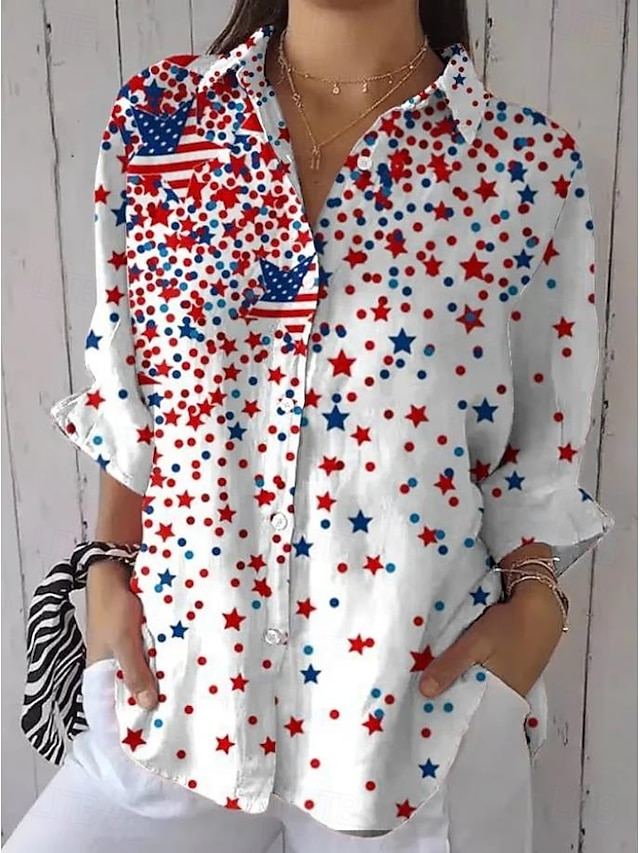  Ziua Independenței Americane Cămașa pentru Femei Buton Down Tunică Cămașa Guler Manșon Lung Graphic Flag Vintage Zilnic Stilat Regular Tops Lucru Zilnic s Print Alb Roșu Albastru Primăvară