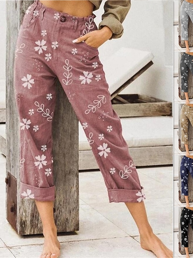  Per donna Pantaloni in cotone e lino Moda Streetwear Lunghezza intera Naturale Fiore Tasca Elastico in vita Stampa Comodo All'aperto Confortevole Vacanza Streetwear Nero Rosa Blu Cachi Estate