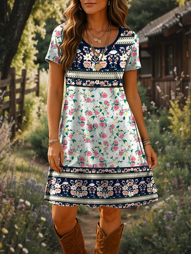 Women's Mini Dress T Shirt Dress Tee Dress A Line Dress Summer Dress Vacation Casual Boho Daily Going out Beach Regular Fit Floral Graphic Paisley Short Sleeve Crewneck Black Blue Beige Summer Spring4