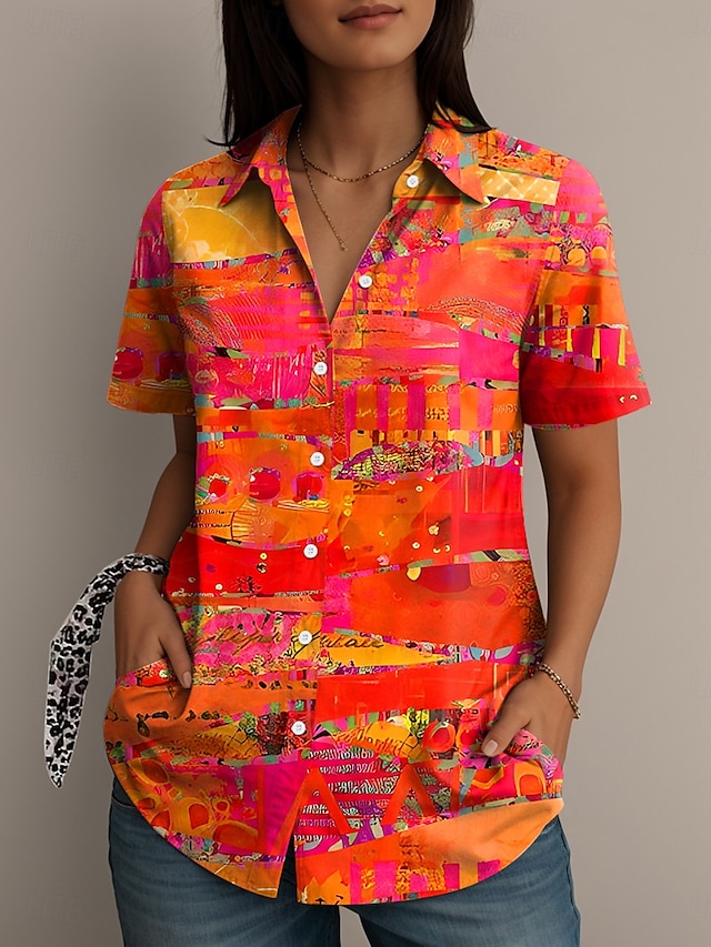  Femmes Chemise Graphique Abstrait ancien Élégant Occasionnel Manche Courte Col de chemise Hauts Réguliers Quotidien Jaune Bleu Violet Orange Été Printemps