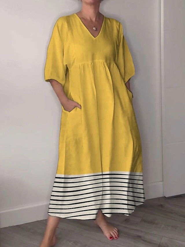  Pentru femei Rochii Midi Rochie de Vară Rochie A line Vacanță Casual Boho Ieșire Plajă Grafic Geometric Lungime Manșon 3/4 În V Galben Alburiu Vară Primăvară