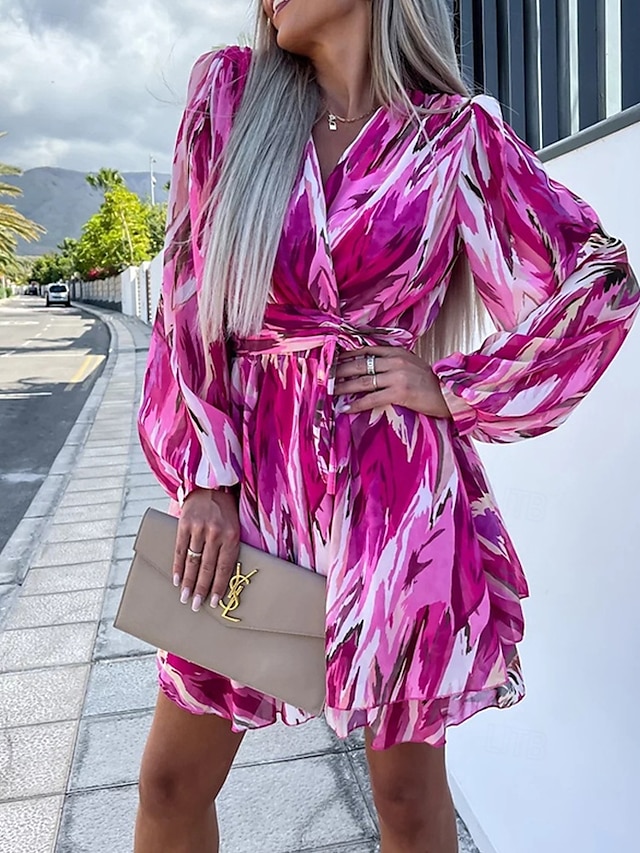  Femmes Mini Robe Robe Décontractée Mode Extérieur Soirée Fête Coupe régulière Graffiti manche longue Col en V Violet Été
