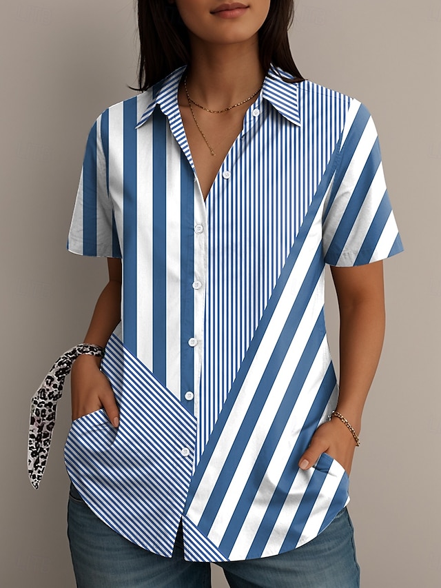  Femmes Chemise Graphique Géométrique Rayé ancien Élégant Occasionnel Manche Courte Col de chemise Hauts Réguliers Quotidien Rouge Bleu Vert Été Printemps