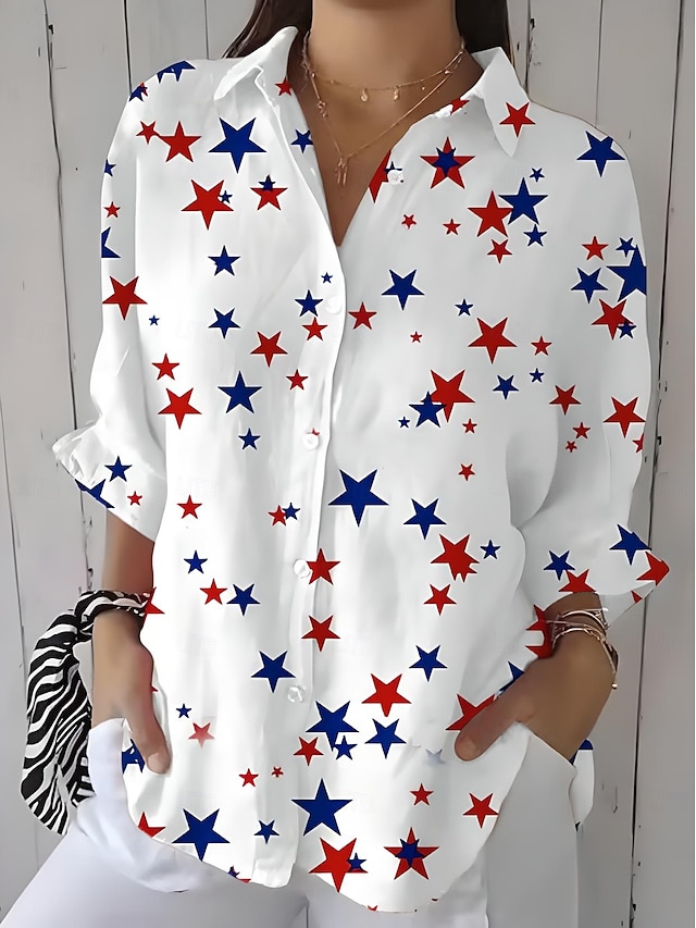  Independence Day Women's Patriotic Fourth of July Shirt Graphic Flag Star Vintage Tropical Daily Long Sleeve Shirt Collar Regular Tops Work Daily Buttons Print White Pink Blue Summer Spring