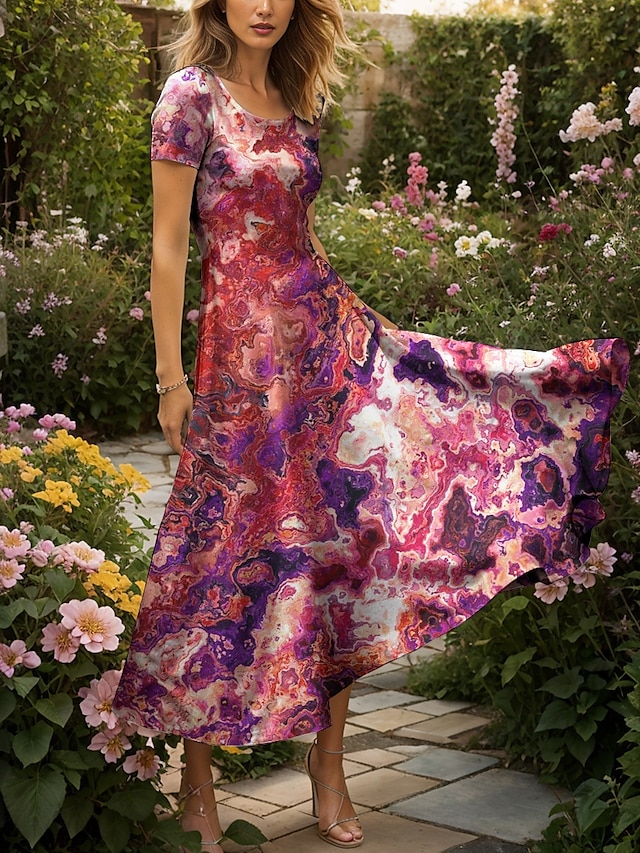  Damen Maxikleid Freizeitkleid A Linie Kleid Sommerkleid Elegant Urlaub Lässig Normale Passform Grafik Abstrakt Marmor Kurzarm Quadrathals Rote Blau Purpur Grün Sommer Frühling
