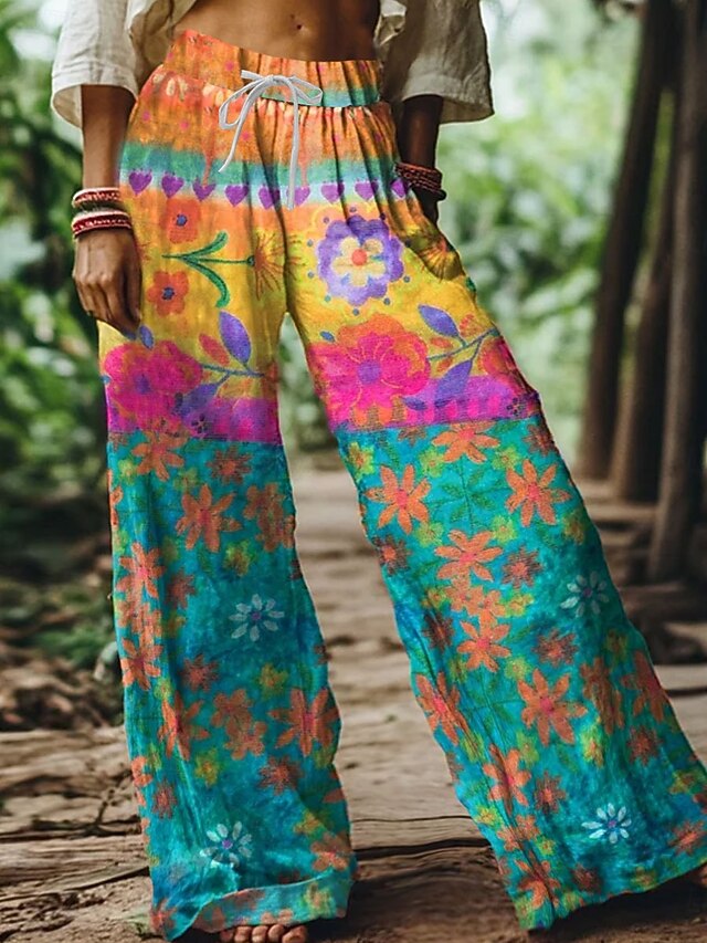 Women's Wide Leg Chinos Baggy Pants Vacation Vintage Fashion Full Length High Waist Floral Graphic Printing Soft Breathable Micro-elastic Formal Vacation Street Pink Blue Green Summer Spring Loose Fit4
