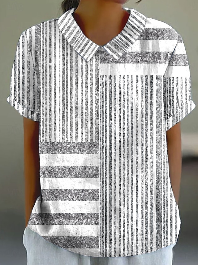  Damen Bluse Grafik Gestreift Vintage Stilvoll Lässig Kurzarm Hemdkragen Normale Oberteile Arbeit Täglich Druck Blau Purpur Grau Sommer Frühling