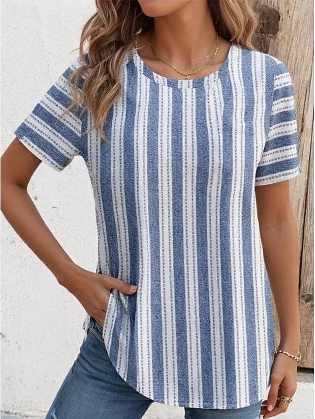 Women's T Shirt Graphic Geometric Striped Vintage Stylish Classic Short Sleeve Crew Neck Regular Tops Daily Print Blue Sky Blue Summer Spring4