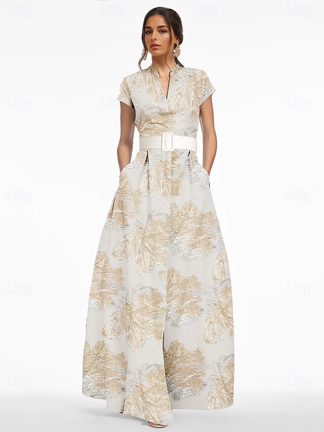 A-Line Mother of the Bride Evening Gown Elegant Dress Formal Wedding Floor Length Short Sleeve V Neck Belt / Sash Nylon with Slit Pocket4