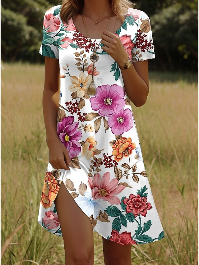  Damen Minikleid T-Shirt-Kleid Sommerkleid A Linie Kleid Urlaub Lässig Strand Täglich Ferien Date Normale Passform Blumen Grafik Kurzarm V Ausschnitt Rosa Blau Purpur Sommer