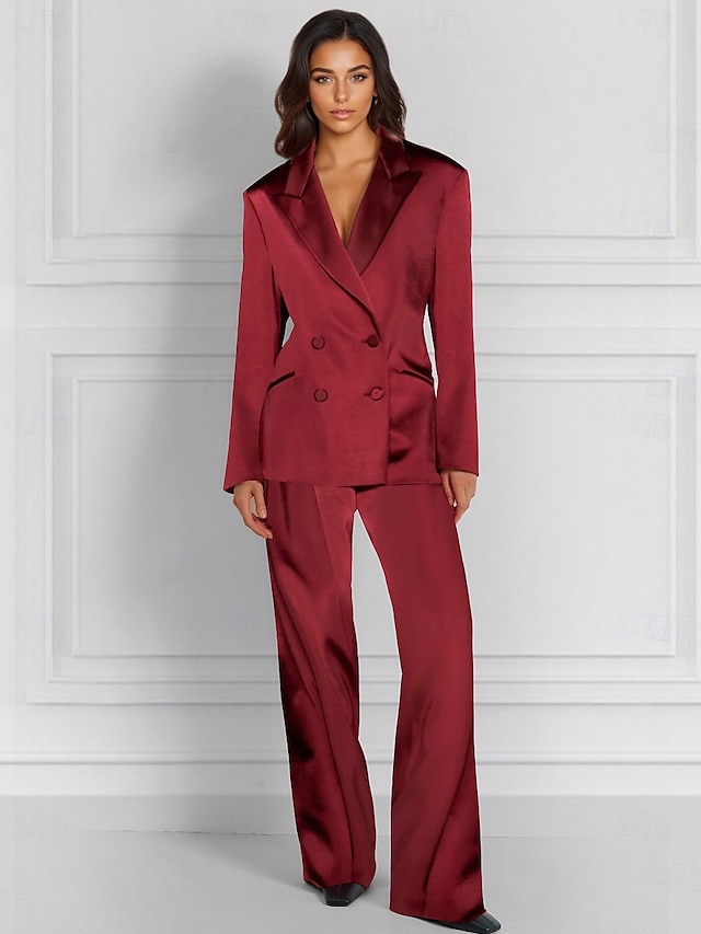  Tuta a Due Pezzi  Completo Completo per Madre della Sposa Giacca Doppiopetto Elegante Vintage Semplice Collo a V Lunghezza Piedi Satin Stretch Maniche Lunghe con Bottoni Coperti
