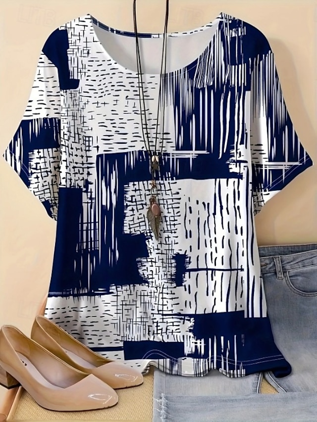  Dames Zomer tops Abstract Stijlvol Korte mouw Strakke ronde hals Normale tops Dagelijks Rood blauw Khaki Zomer