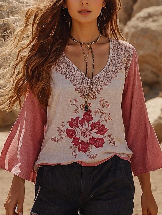 Women's Blouse Floral Graphic Bohemia Vintage Daily 3/4 Length Sleeve Crew Neck Boat Neck Regular Tops Daily Holiday Vacation Wear Print Pink Summer Spring3
