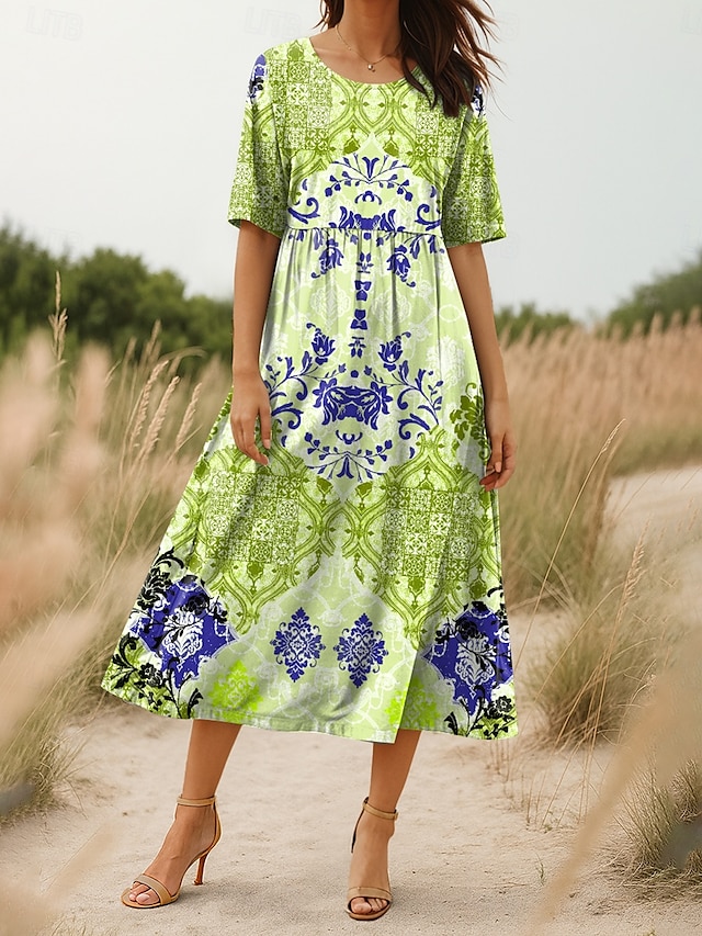  Damen Midikleid Sommerkleid Faltenkleid Urlaub Täglich Ferien Lässiger Schnitt Grafik Stammes Halbarm Rundhalsausschnitt Gelb Blau Purpur Grün Sommer