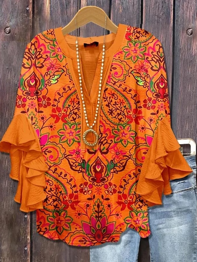  Blusa da donna con maniche a strati e arricciate top floreale grafico vintage Bohemia quotidiano maniche a 3/4 scollatura a V top regolari abbigliamento quotidiano per le vacanze stampa rosa rossa