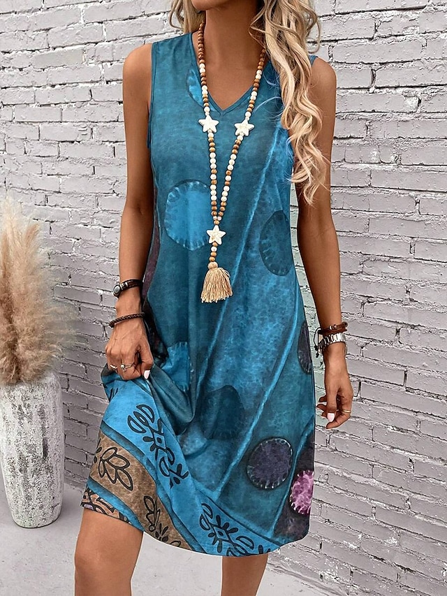  Damskie Sukienka mini Sukienka letnia Sukienka A line Letnie sukienki Urlop Codzienny Boho Regularny Graficzny Geometryczny Kolorowy blok Bez rękawów Dekolt w kształcie litery U Ciemnoczerwony