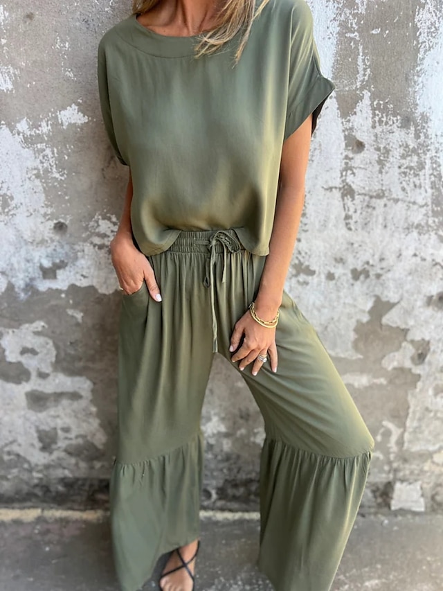  Women's Active Basic Cotton Linen Sets Short Sleeve Crew Neck Solid Color Ruffle Casual Daily Black Army Green Orange Summer Regular Fit
