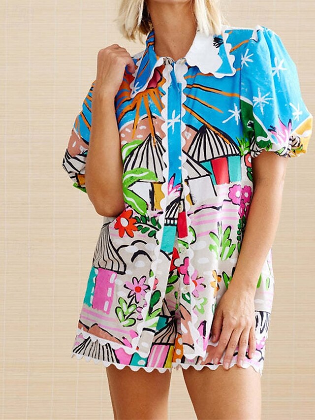  Women's Fashion Streetwear Cotton Linen Sets Shorts Sets Short Sleeve Shirt Collar Floral Print Daily Wear Date Blue Summer Regular Fit