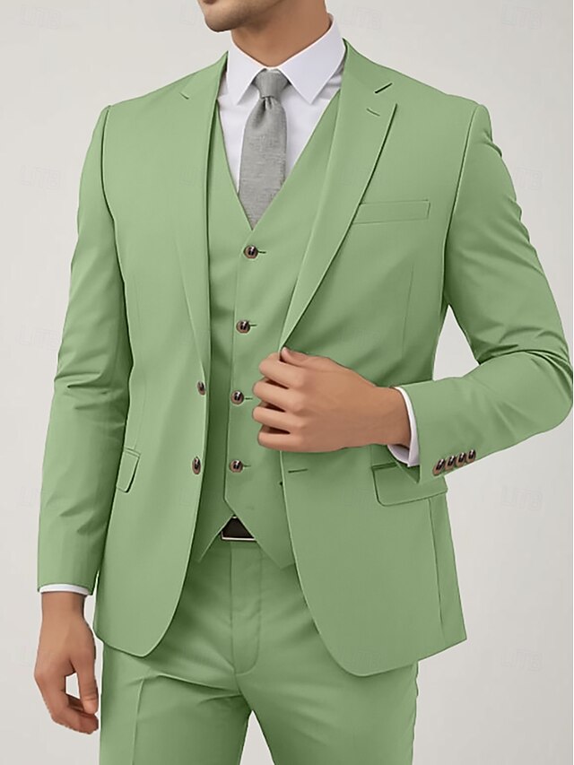  De los hombres Boda Negocio Trajes Salvia Moda Formal Color sólido Estándar Juego de 3 piezas Recto 2 botones