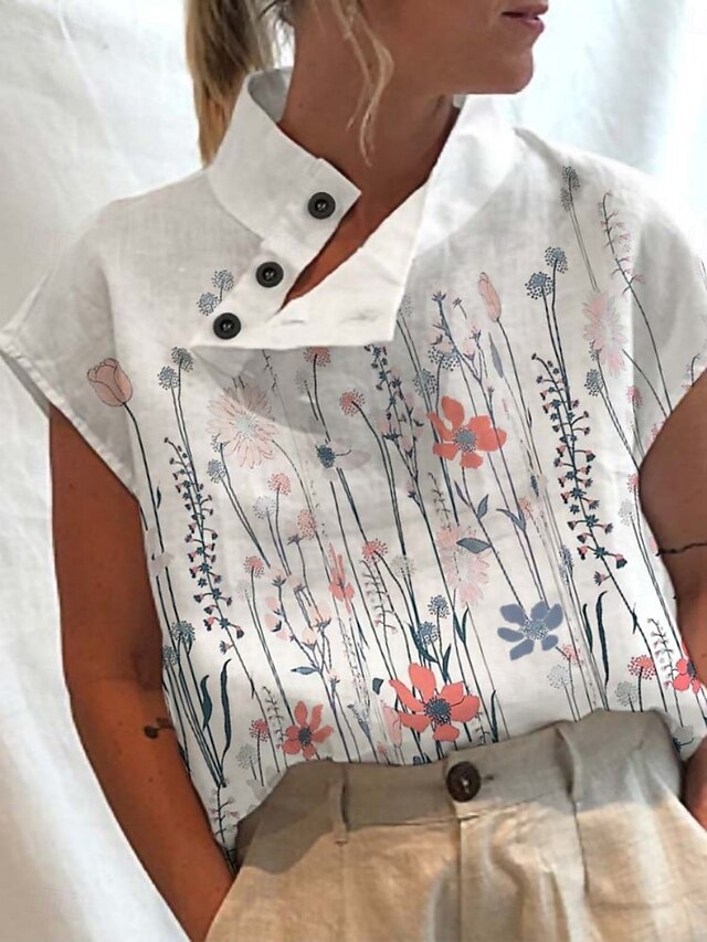 Women's Blouse Floral Stylish Casual Short Sleeve High Neck Regular Tops Daily Buttons Print White Red Blue Summer4