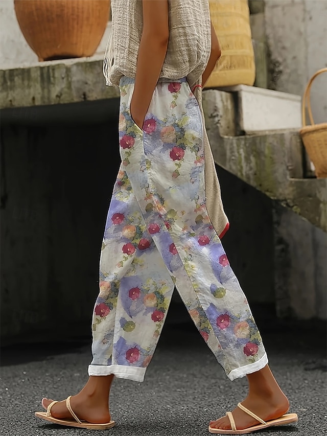  Dame Frekk Elegant Ferie Årgang Full lengde Høy Midje Blomstret Grafisk Printer Myk Pustende Mikroelastisk utendørs Daglig Lys Rosa Lys Lilla Sommer Vår Normal
