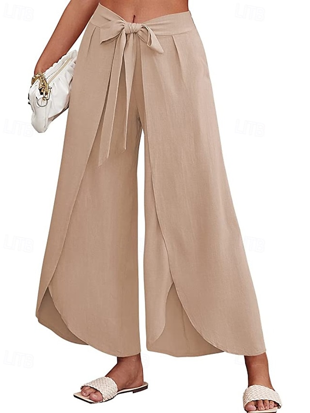  Mujer Pantalones de lino y algodón pantalones Casual Longitud total Cintura Media Plano Cintura elástica Separado Al Aire Libre Cómodo Festivos Ropa Cotidiana Fin de semana Albaricoque PEC Celeste