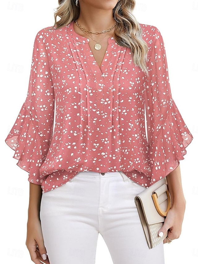  Femmes Chemise Couleur Unie Fleuri Élégant Occasionnel Manche 3/4 Col en V Hauts Réguliers Quotidien A Volants Imprimé Blanche Rose Claire Rouge Vert Été Printemps