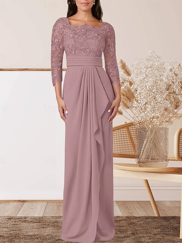  Sloupec  Sloupové šaty matky nevěsty Svatební Host Elegantní Čtvercový Krk Délka Podlahy Chiffon Krajka 3/4 Dlouhý Rukáv s Krajkovým Páskem  Stuhou Krepováním
