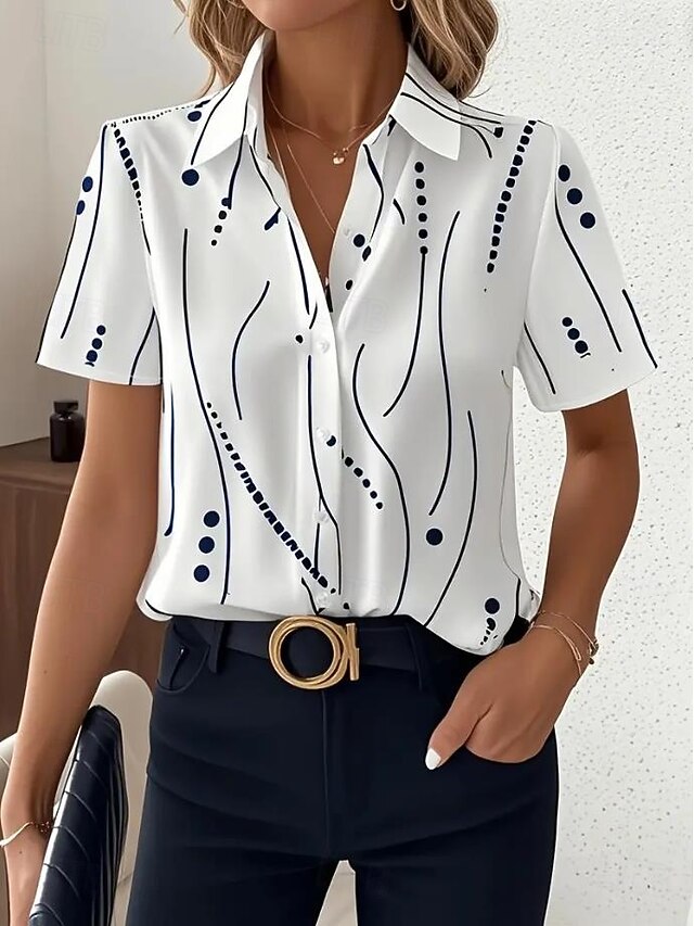Women's Shirt Long Sleeve Button Down Blouse Graphic Geometric Daily Casual Short Sleeve Shirt Collar Regular Tops Daily White Summer Spring3