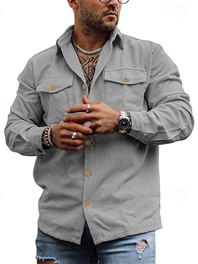  Homens Jaqueta de Camisa Jaqueta de Transição Diário Leve Bolsos Primavera Outono Tecido Casual Lapela Padrão Adamascado Preto Cinzento Casaco