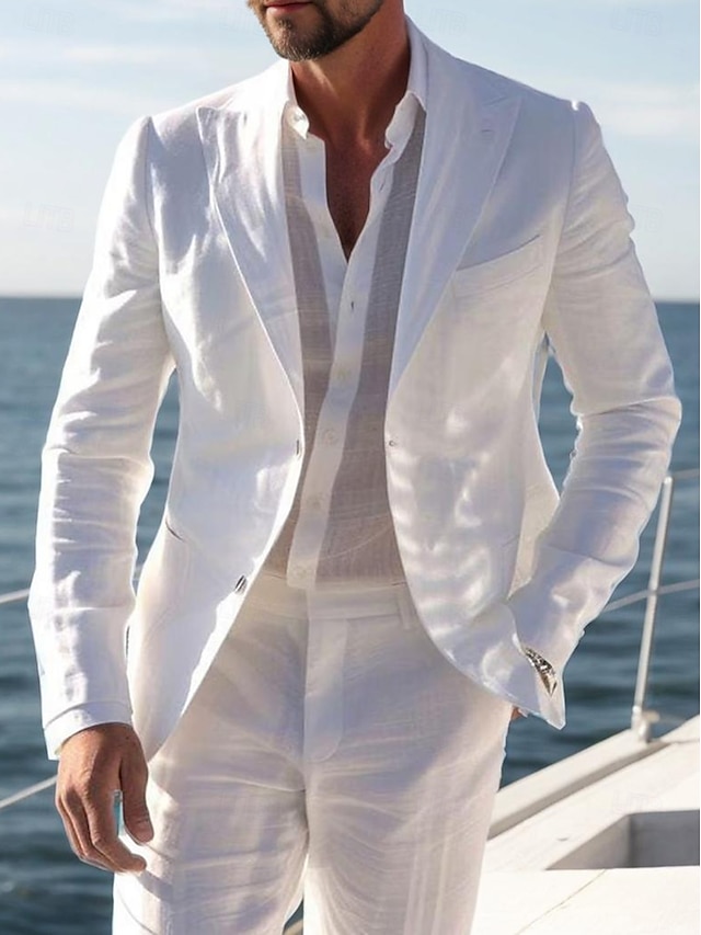  Men's Casual Linen Suits White Daily Lightweight Summer Half Lined Solid Colored Standard Fit 2 Piece Single Breasted Two-buttons