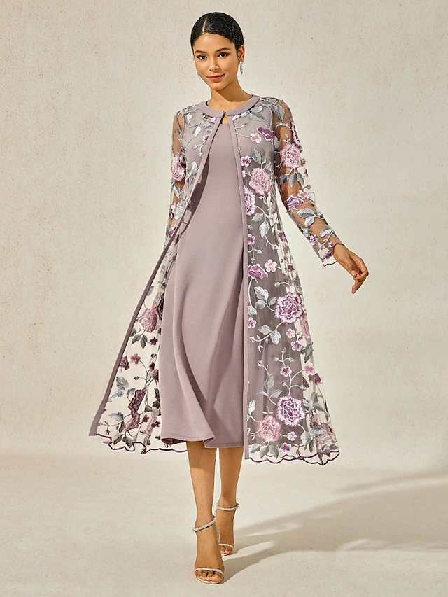 Women's Tea Length Cocktail Dress Dress Set Wedding Guest Dress A Line Dress Elegant Formal Wedding Party Regular Fit Floral Long Sleeve Crew Neck Gray Pink Summer Spring Fall 12