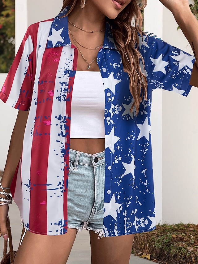  Camicia patriottica femminile per il Giorno dell'Indipendenza Quattro di luglio Grafica Bandiera Stilosa Casual Maniche Corte Collo Camicia Tops Regolari Quotidiani Blu Estate Primavera