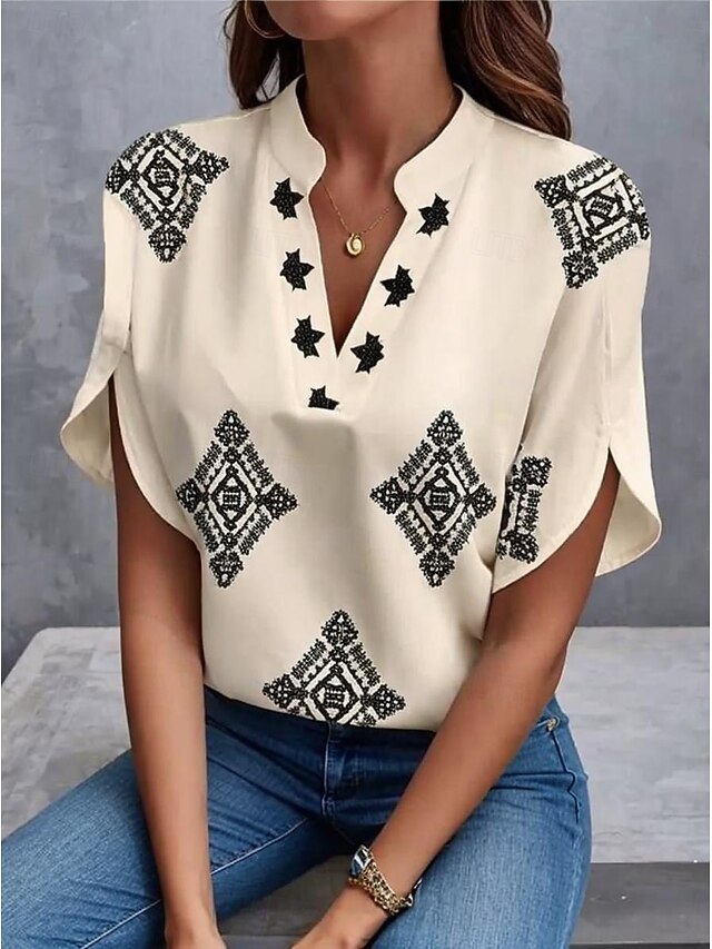 Women's Blouse V Neck Graphic Geometric Bohemia Daily Stylish Short Sleeve Regular Tops Daily Print Champagne Summer Spring3