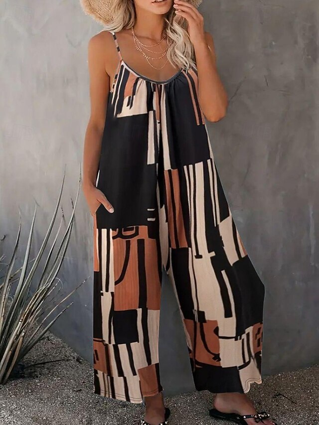 Women's Normal Jumpsuit Streetwear Floral Sleeveless Crew Neck Print Street Daily Regular Fit Black Navy Blue Blue Summer4