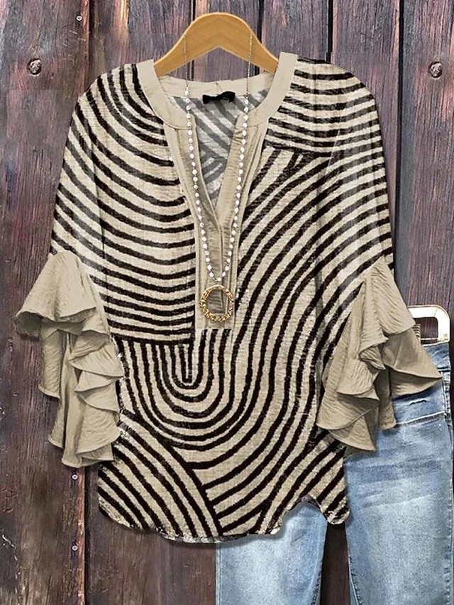  Damenbluse V-Ausschnitt Grafik Leopard Gestreift Elegant Bohemia Ethnisch 3/4 Arm Reguläre Tops Tägliche Urlaubsbekleidung Druck Braun Khaki Sommer Frühling Herbst