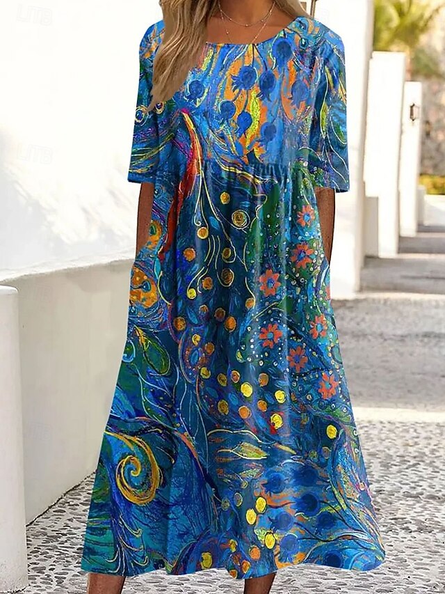Women's Midi Dress Summer Dress Pleated Dress Vacation Casual Holiday Loose Fit Floral Graphic Short Sleeve Crew Neck Blue Orange Beige Summer4
